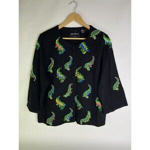 VTG Michael Simon ALLIGATORS Womens Size 1X Cardigan Sweater Pearls Bead Ribbons